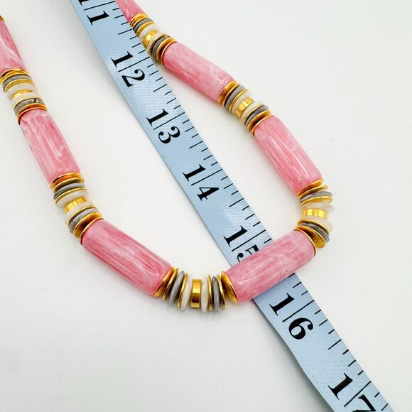 Vintage Lucite Gold Tone Pink Beaded Statement Necklace Geometric Bar Retro - Picture 13 of 13